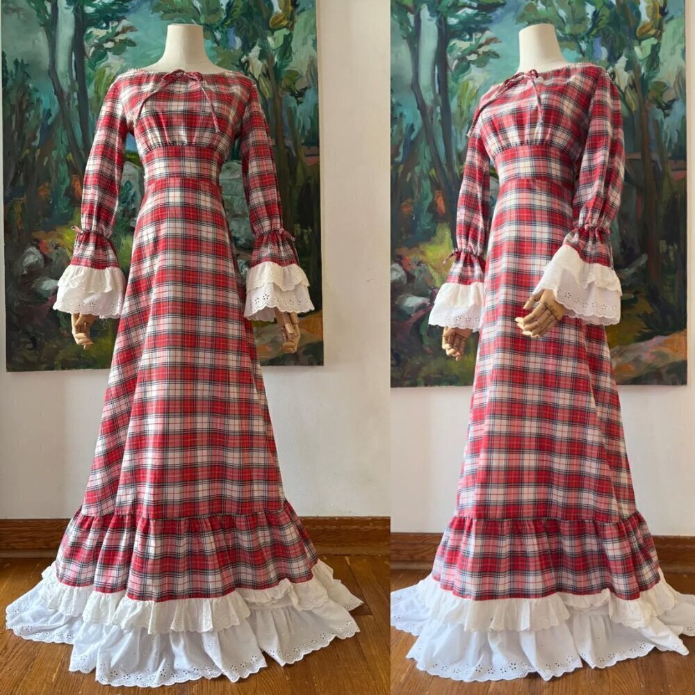 Vintage Prairie Maxi Dress 70s Red White Plaid Petticoat Retro Cottagcore XS